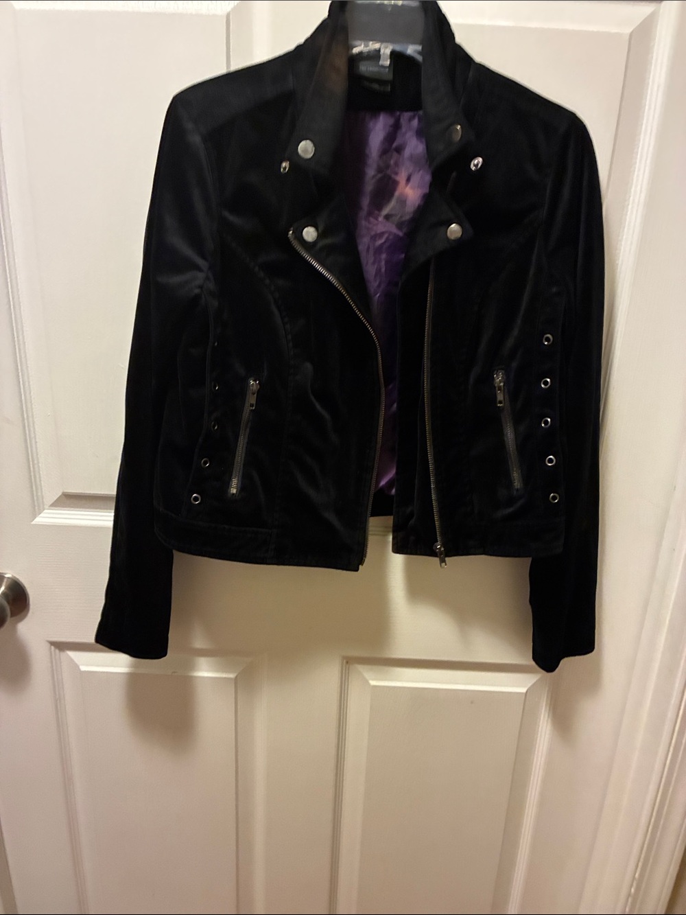 Disney Women's Black Velvet Moto Jacket with Purple Lining beautiful As-Is flaws